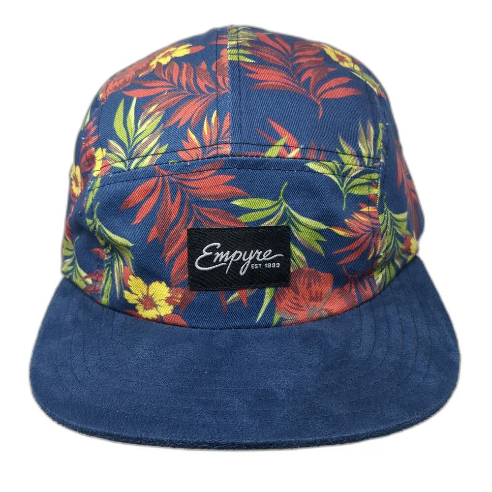 Empyre 5 Panel Hat Blue One Size Tropical Palm Floral Print Slideback Flat Brim
